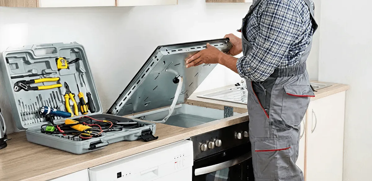 Handyman repairing a cooktop and checking wiring connections in Saint Louis, MO